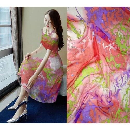 Telas New pink/white flowers printing Chiffon Fabric For Sewing Woven Material For Curtain Textile Tulle Dress 100% Silk Fabric