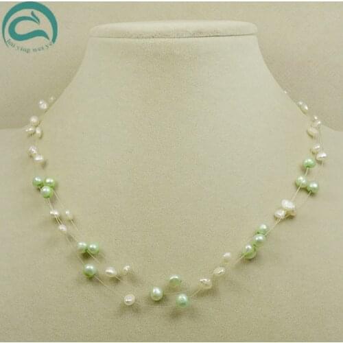 Unique Pearls jewellery Store Handmade Wedding Birthday Perfect Women Gift Light Gray 3-5MM 3rows Illusion Pearl Necklace