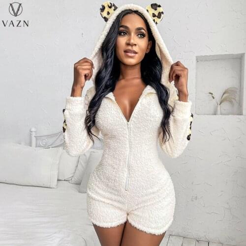 VAZN 2021 Autumn Winter Cute Sexy Young Elegant Warm Hooded Full Sleeve High Waist Women Slim Playsuits