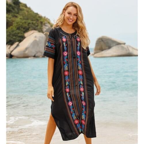 Embroidery Kaftan Beach Tunic Cotton Beach Cover up Saida de Praia Swimsuit Women Bikini cover up Pareo Sarong Beachwear