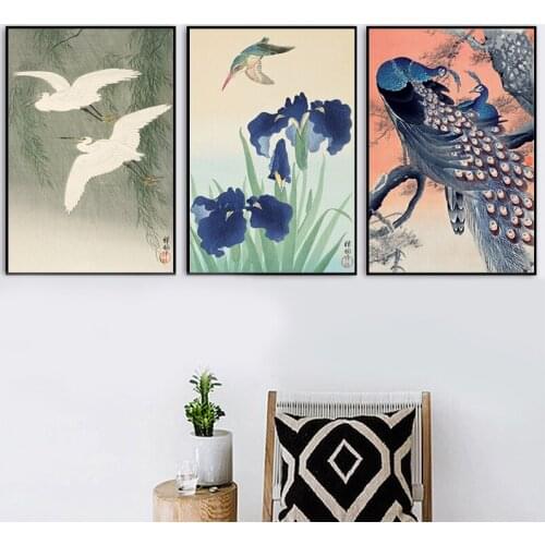 Ohara Koson Japanese Watercolor Ink Painting on Canvas Poster Fall Irises Hummingbird Art Prints Japan Wall Pictures Home Decor