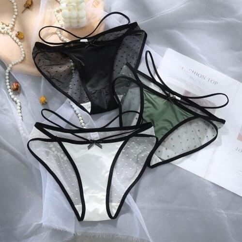 Women Sexy Lace Panties Ladies Dots Mesh Transparent Briefs Bow Belt Female Low Waist Intimates Cotton Crotch Thongs