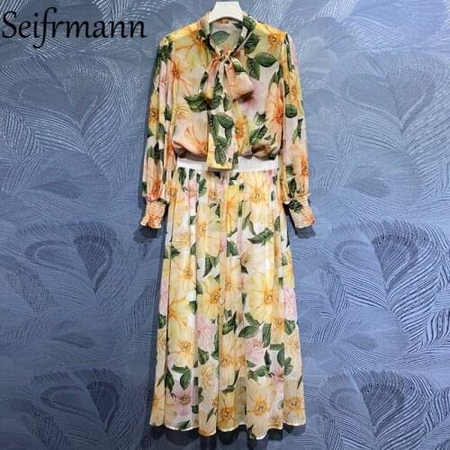 Seifrmann New 2021 Summer Women Fashion Designer Skirts Set Lantern Sleeve Loose Blouses + High Waist Printed Long Skirts Suits