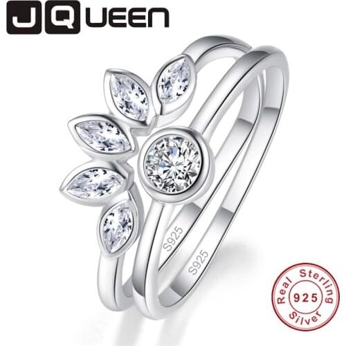 JQUEEN Lovely Flower Shape White CZ Finger Rings for Women 100% 925 Sterling Silver 2pcs Engagement Fine Jewelry S925 Gift