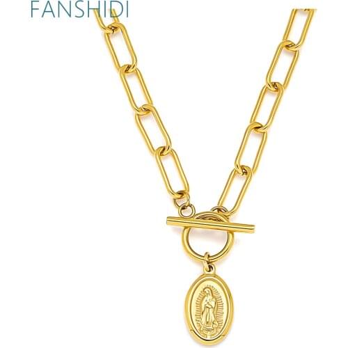 FANSHIDI Oval Virgin Mary Coin Medal Necklace Toggle Choker For Women Stainless Steel Chunky Chain Vintage Jewelry