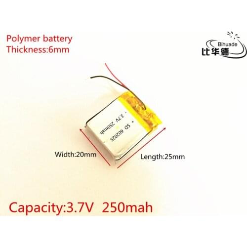 3.7V 250mAh 602025 Lithium Polymer Li-Po li ion Rechargeable Battery cells For Mp3 MP4 MP5 GPS PSP mobile bluetooth