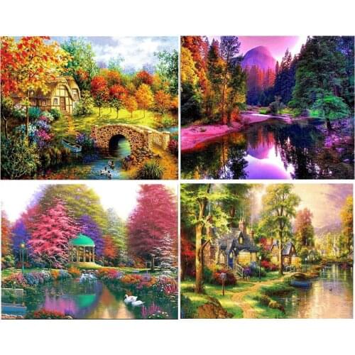 5D diamond painting full diamond landscape lakeside log cabin landscape cabin cross stitch kit Mosaic embroidery home decoration
