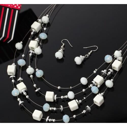 ZOZHI Brand Wholesale Hot Silver Plated Chain Multilayer Colorful Crystal Beads Chocker Necklace Earrings Fashion Jewelry Sets