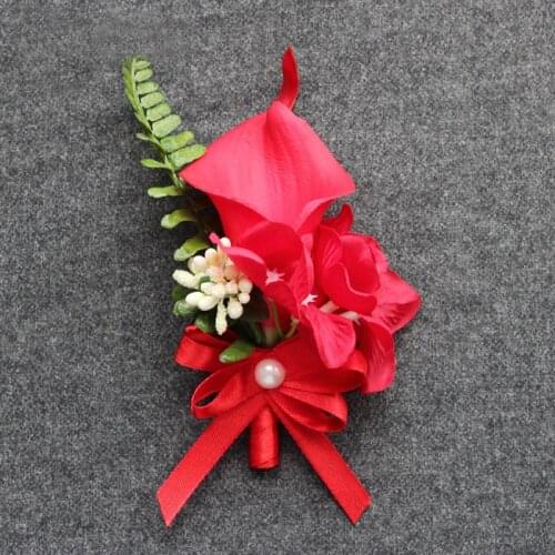 Wedding Groom Boutonniere Groomsman Corsage Red Artificial PU Calla Lily Flower Man Brooches Corages Buttonhole Suit Accessories