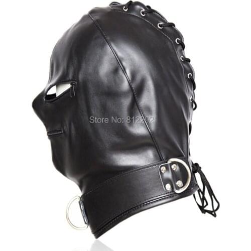 Black Soft Leather BDSM Bondage Mask SM Totally Enclosed Hood Choking Sex Slave Head Hood Sex Toys For Couples