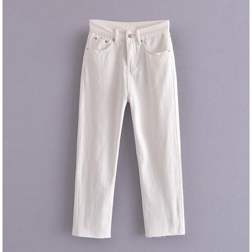 Dave&Di England Style High Street Vintage Mom Jeans Woman High Waist Jeans Solid White Burrs Jeans Boyfriend Jeans For Women