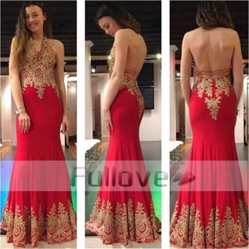 Graceful Burgundy Halter Evening Dress Long 2019 Gold Appliques Mermaid Formal Party Gowns Vestido De Festa Abendkleider Kaftan