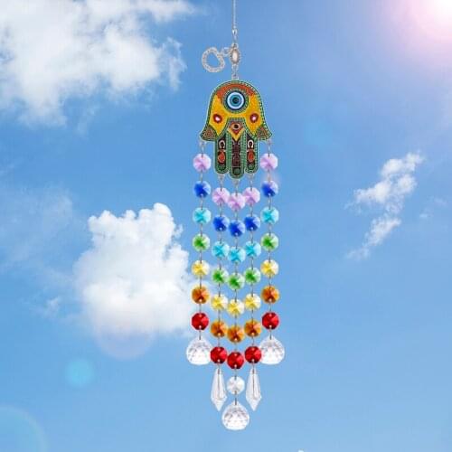 H&D Hanging Crystal Ball And Octagon Beads Chains With Prisms Suncatcher Evil Eye Hamsa Shaped Pendant For Garden Decor Gift