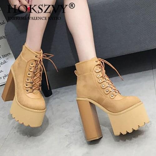 HOKSVZY 2020 Womens Ankle Boots Thick Super womens Boots With high-heeled Ankle Boots platform Lace Up Casual Shoes .JXQ-7863