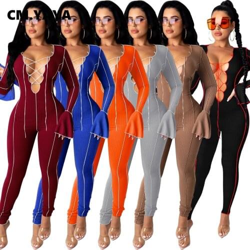 CM.YAYA Women Lace Up Knit Flare Long Sleeve Jumpsuit Women Sexy Club Open Hollow Out Bodycon Ribbed Rompers One Piece Overalls