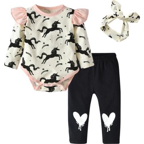 Newborn baby girl clothes set cotton long-sleeved ass jumpsuit cartoon top + casual trousers + headband 3-piece baby clothing