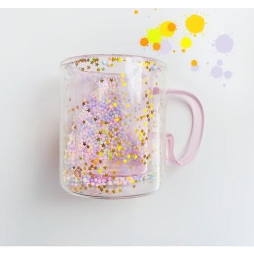 Korean Ins Girl Heart Kawaii Bubble Star Sky Cup Star Sequin Double Wall Glass Coffee Cup Handle Heat Resistant Milk Cup
