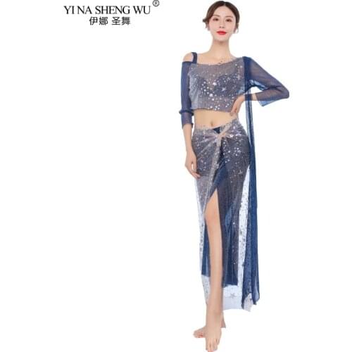 Bellydance Sequin Beaded Net Gauze Top + Hip scarf Skirt Sexy Elegant Fairy Belly Dance Practice Costume Sets Danceing Team Wear