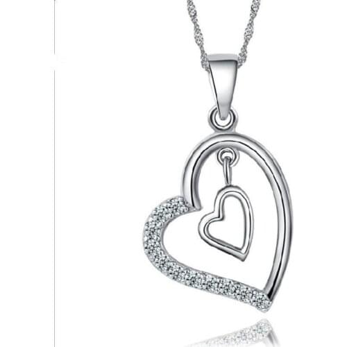 TJP Trendy 925 Silver Clavicle Necklace For Women Jewelry Charm Double Heart Pendant Necklace Girls Zircon Bijou Birthday Gift