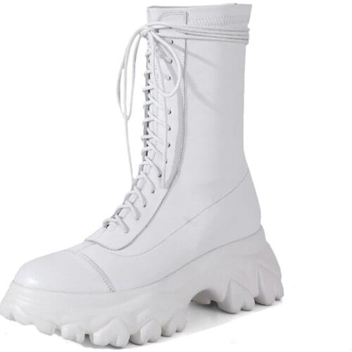 Fashion Women Mid-calf Boots Genuine Leather Platforms Shoes Casual Motorcycle Boots Narrow Band Zipper Outdoor