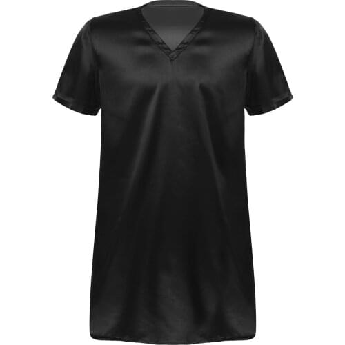 Men Women Homewear Sleep Clothes Silk Satin Summer Short Sleeve T-Shirt Sleepwear Nightgown Night Robe Side Split Nightwear Plus