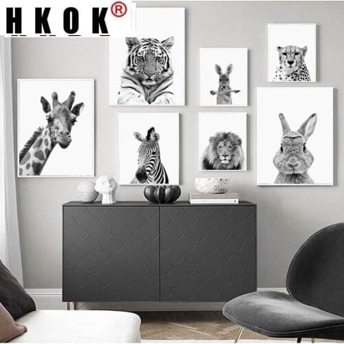 HKOK Animals Lion Zebra Elephant Wall Art Poster Print Safari Nursery Canvas Painting Black White Pictures Kids Room Home Decor