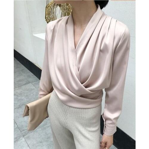 New 2020 Women Autumn Winter Blouses Shirts Solid Multi Colors Irregular Vintage Satin Sexy Elegant Lady Tops CL436
