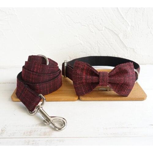 Red Black Dog Collar and Leash Set With Bow Tie For Big and Small Dog Cotton Fabric Collar Metal Buckle