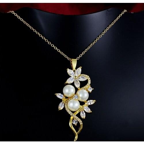 Flower Pendant Necklace Women Gold Color Choker Cubic Zirconia & Synthetic Pearls Jewelry Necklaces & Pendants LN957A