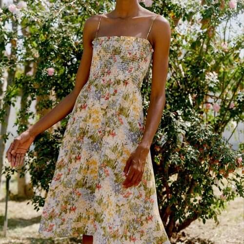 New ladies summer floral print dress folds elastic waist slimming strap sling dress female brace dress