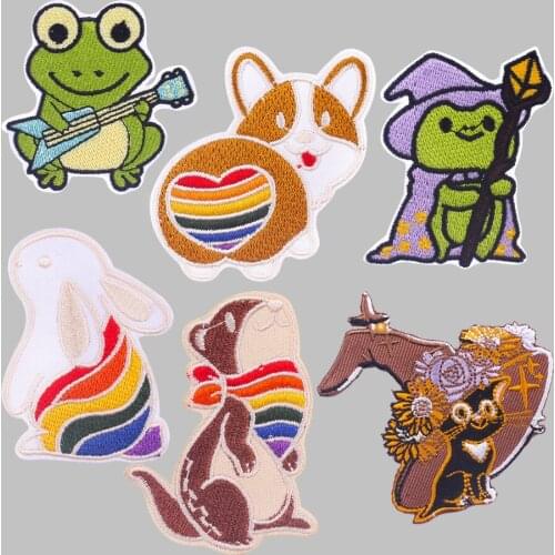 Rainbow Animals Iron on Patches Cute Frog Embroidery Appliques Custom Clothing DIY Sewing Patterns Magic Witch Patch for Kids