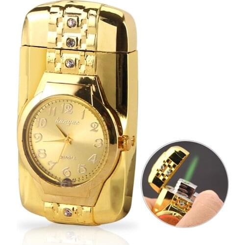 Luxurious Gold Watch Jet Lighter Torch Turbo Gas Lighter Windproof Cigar Cigarette Colorful Lights Led Inflated Gasoline Butane