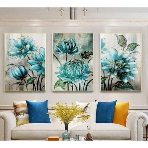Golden Lace Noble Blue Flowers Poster Modern Nordic Canvas Painting Print Decor Wall Art Pictures For Living Room Unframed