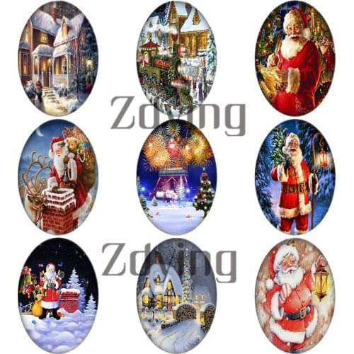 Zdying 10pcs Oval Shape DIY Glass Cabochons Merry Christmas Tree Deer Santa Claus Domed Demo Flat Back Base Jewelry Findings