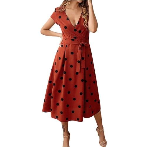 Party Dresses For Women Party Womens Fashion Casual V-neck Polka Dot Print Lace-up Short-sleeved Beach Dress Vestidos Mujer