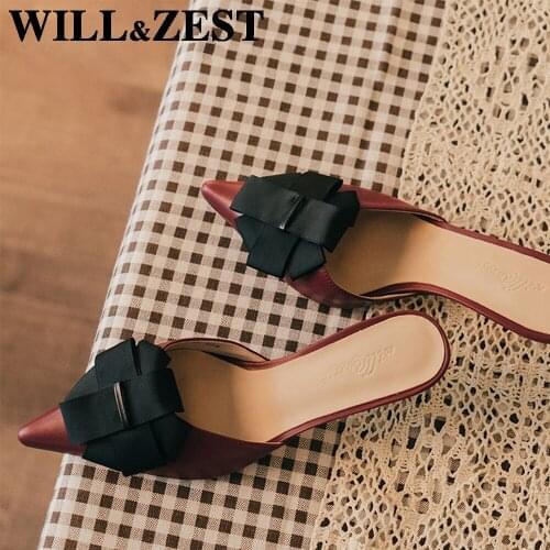 Will&Zest Mules Womens Slippers Summer Vintage Flower Ladies Sandals Party Burgundy Low Heels Catwalk Shoes Leather Bride Pumps