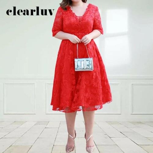 Lace Prom Gowns New 2020 Woman V-neck Half Sleeves Red Knee-length A-line Plus Size Customized Lace up Girls Party Dress T047