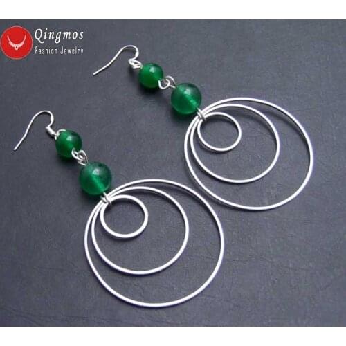 Qingmos Fashion Green Jades Earrings for Women with 8mm Natural Green Jades 3 Piece Metal Round Circle Dangle 3.5'' Earring 617