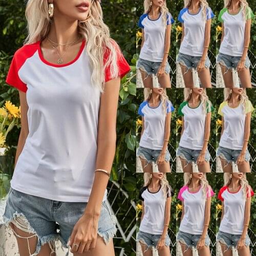 Womens Top Contrast Color Stitching T-Shirt Casual O Neck Short Sleeve T Shirt Womens Clothing 2021 Y2K Ropa Mujer Kawaii Tops