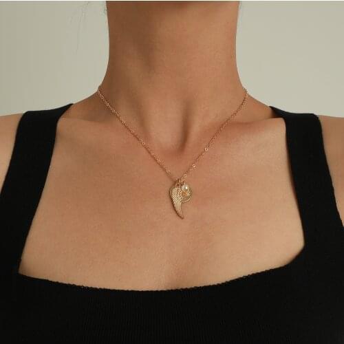 Imitation Pearl Coin Wing Pendant Necklace for Women Gold Silver Color 2021 Fashion Jewelry Clavicle Chain Short Necklaces New