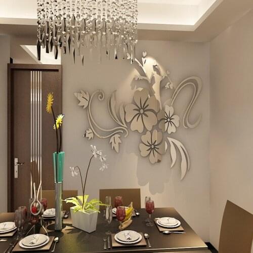 Golden Silvery Flower Acrylic 3D Mirror wall sticker Home Decor Vinyl Stickers Decor for Home DIY Self-adhesive Removable