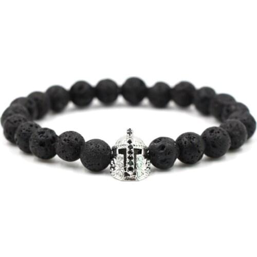 10mm y43 elastic adjusted nature black stone volcanic lava bead micro pave Spartan helmet cz cubic zirconia Bracelet