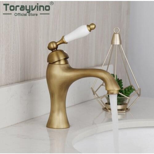 Torayvino Antique Brass Bathroom Faucet Basin Sink Ceramics Handle Deck Mounted Bathtub Faucet Washbasin Hot And Cold Water Tap