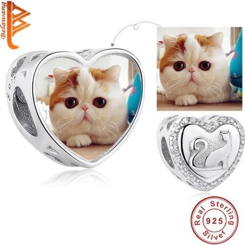 BELAWANG 100% 925 Sterling Silver Animal Cat Heart Fit Original Bracelet DIY Custom Photo Crystal Heart Beads Jewelry Making