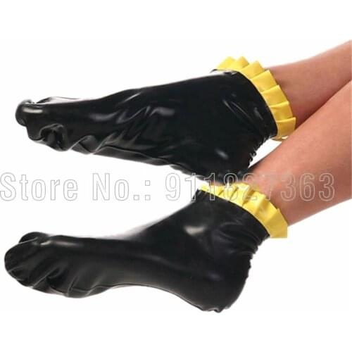 Free Shipping!! 100% Natural Latex Socks Rubber Women Latex Rubber Socks in Black with Yellow Ruffle Customized