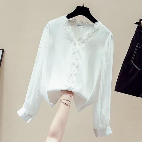 Blouse Women Long Sleeve White Blouse V-Neck Lace Chiffon Blouse Shit Tops Women Blusas Mujer De Moda 2021 Women Clothing D909