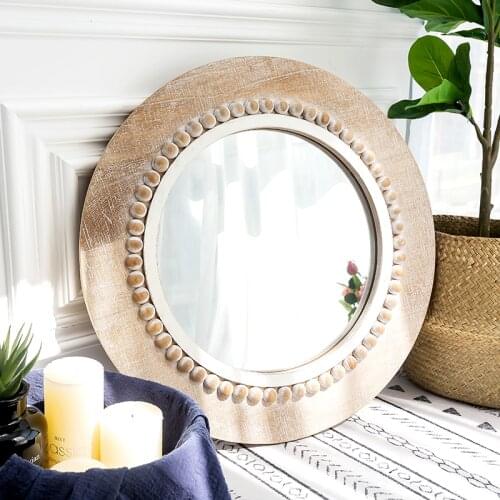 European Wooden Round Wall Mirror Bathroom Mirror Decorative Round Mirror