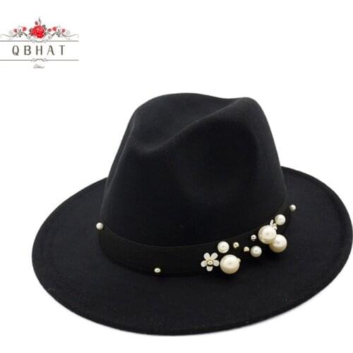 QBHAT Fashion Handmade Felt Fedora Jazz Hat Cap Women Wide Brim Hats Jewelry Decor Ladies Trilby Derby Formal Hats 60 CM