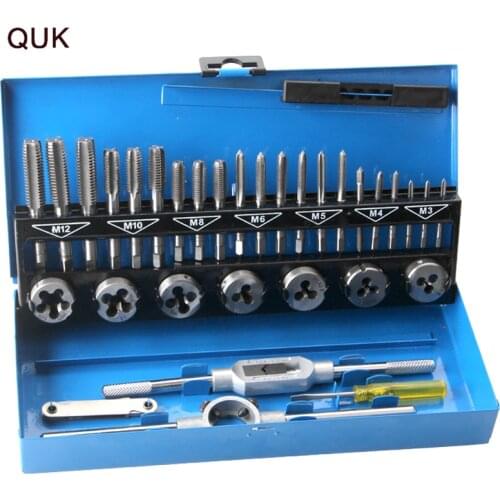 QUK Tap & Die Manual Screw Threading Tool Set 32 Pcs Metric M3-M12 High Speed Steel Tapping Wrench Heavy Duty Repair Tool Kits