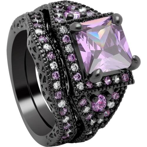 Cubic zircon rings for women engagement black gold-color purple pink vintage gift fashion jewelry wedding ring set